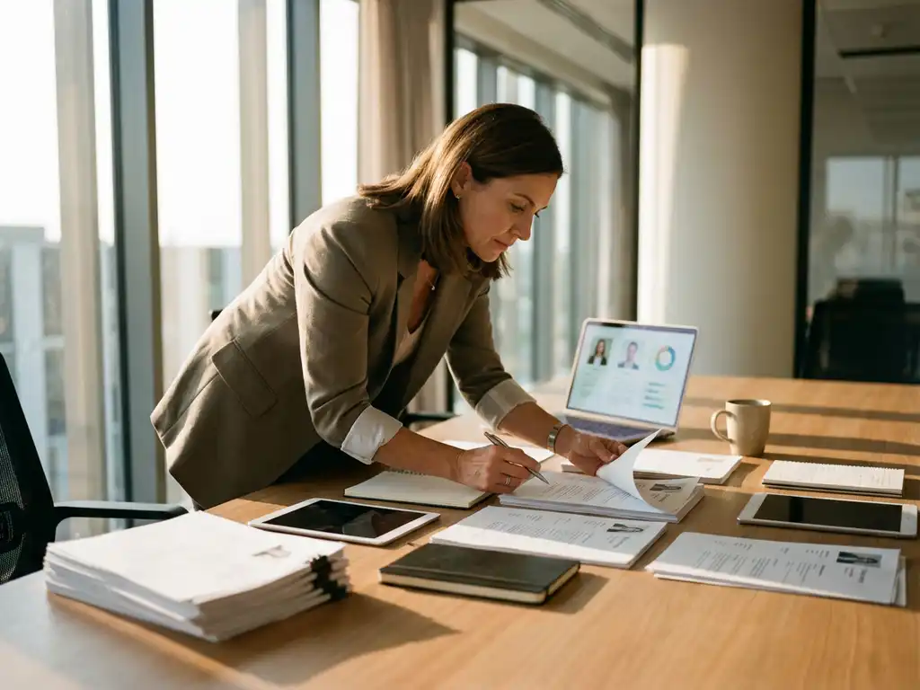 HR-manager beoordeelt cv's en sollicitatiebrieven aan modern bureau in licht kantoor met laptop op achtergrond