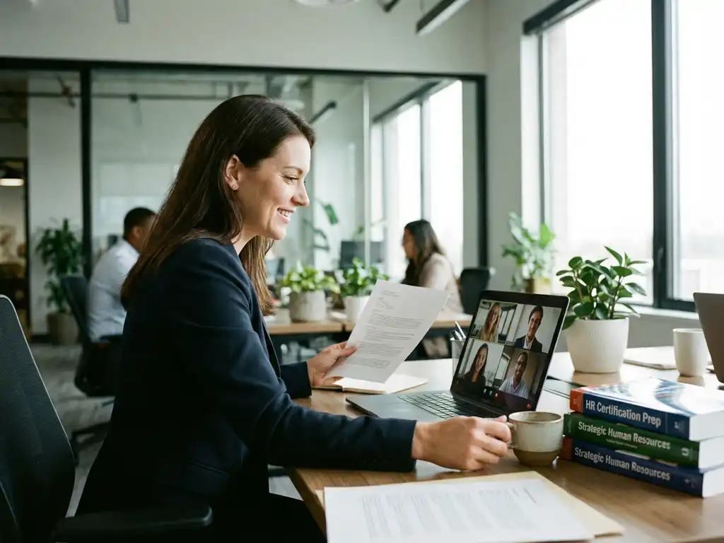 Professionele vrouw in blazer voert videogesprek uit terwijl ze HR-documenten bekijkt aan modern kantoorbureau