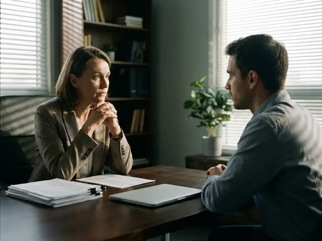 HR-manager en medewerker in professioneel gesprek aan conferentietafel in kantoor met warme verlichting