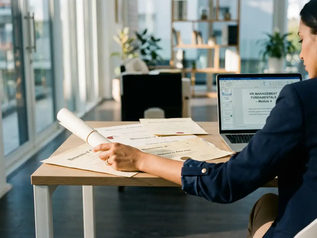 Professionele vrouw bekijkt onderwijscertificaten en diploma's aan bureau met laptop voor HR-cursussen