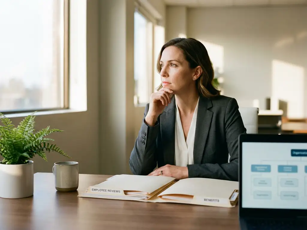 Professionele vrouw in pak zit nadenkend aan bureau met laptop, personeelsdossiers en kantoorbenodigdheden