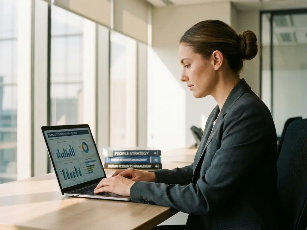 Professionele vrouw in pak werkt met HR-analytics op laptop aan modern kantoorbureau bij raam