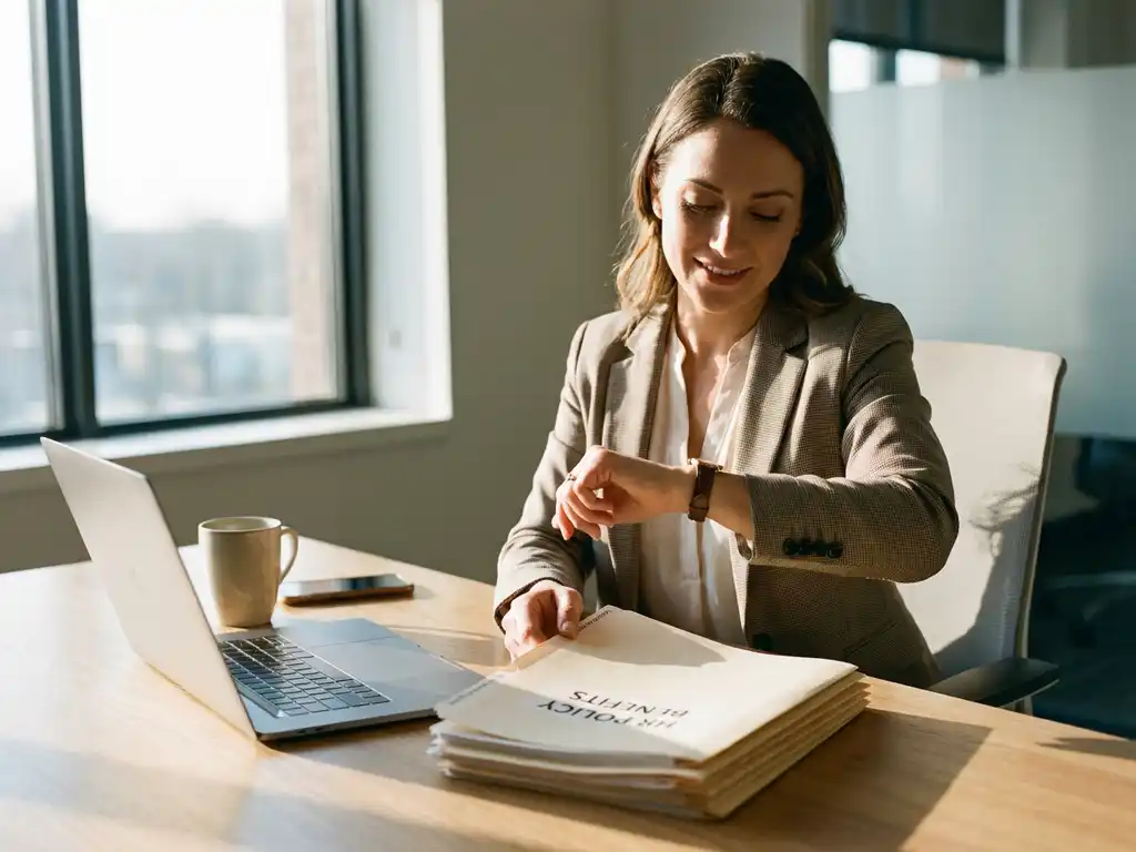 Professionele vrouw in kantoorkleding controleert horloge aan modern bureau met laptop en HR-documenten bij raam