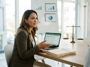 HR-professional zit aan bureau met laptop en personeelsdossiers, weegschaal en organigram op achtergrond, kantooromgeving