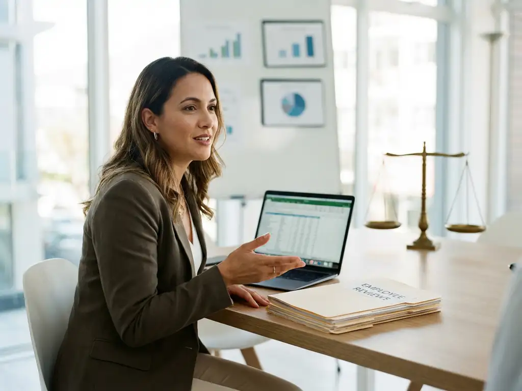 HR-professional zit aan bureau met laptop en personeelsdossiers, weegschaal en organigram op achtergrond, kantooromgeving