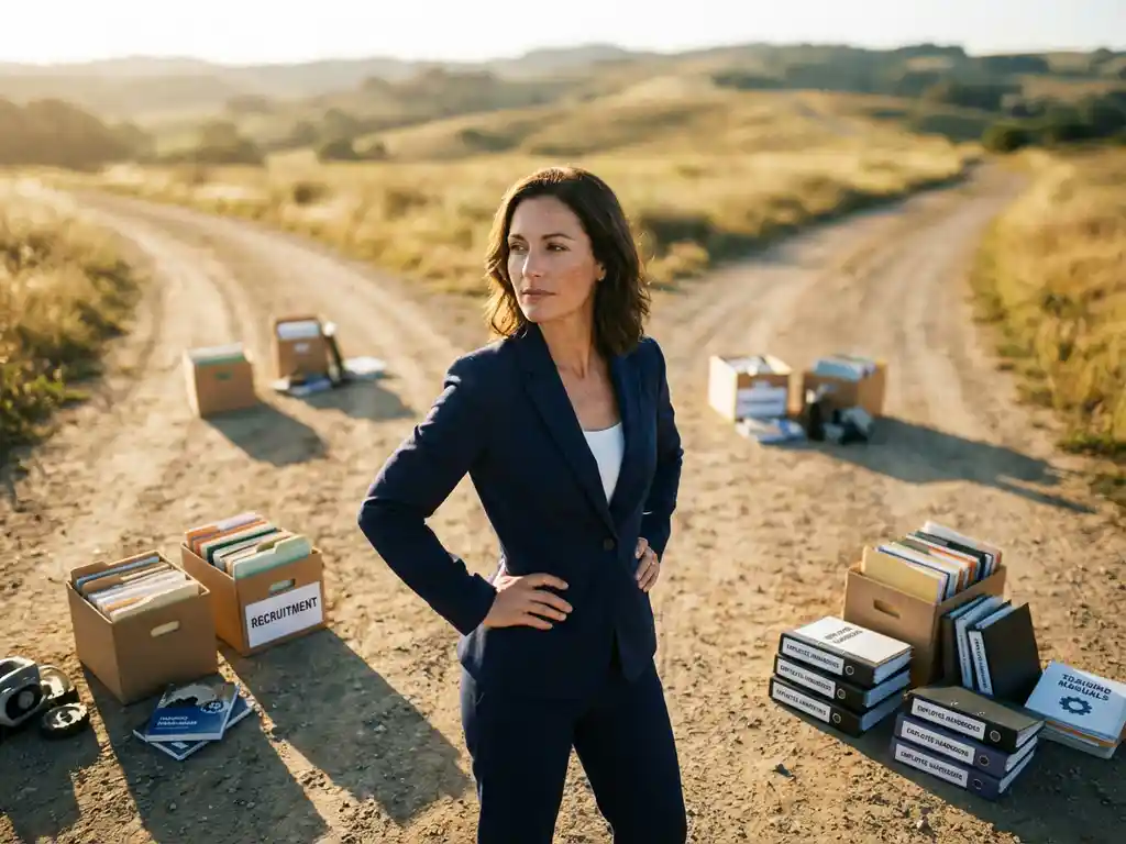 Professionele vrouw in pak staat op kruispunt met HR-gerelateerde paden vol werving- en trainingsmaterialen