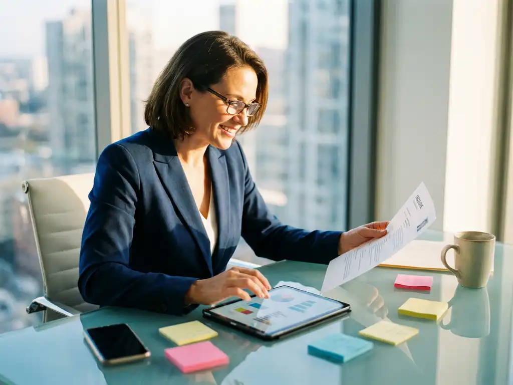 HR-professional in pak bekijkt cv en tablet met analytics aan moderne glazen bureau in kantoor met natuurlijk licht