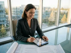 HR-recruiter bekijkt kandidaatprofielen op tablet aan glazen bureau met technische functieomschrijvingen en blauwdrukken