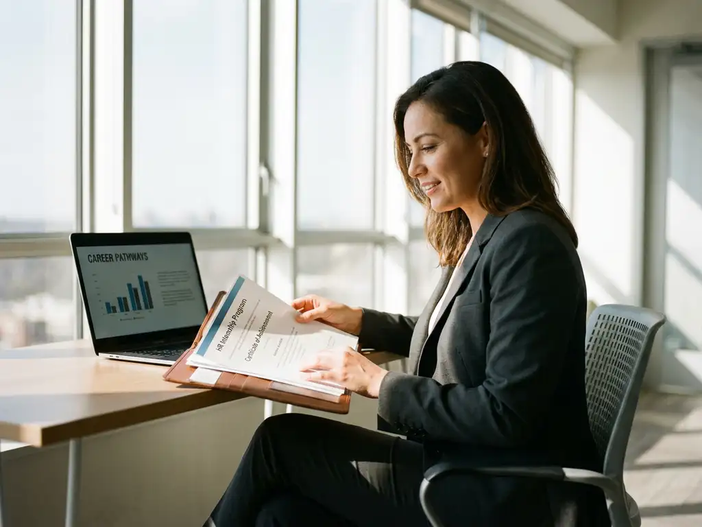 Professionele vrouw in pak bekijkt HR-stage documenten aan modern bureau met laptop en natuurlijk licht
