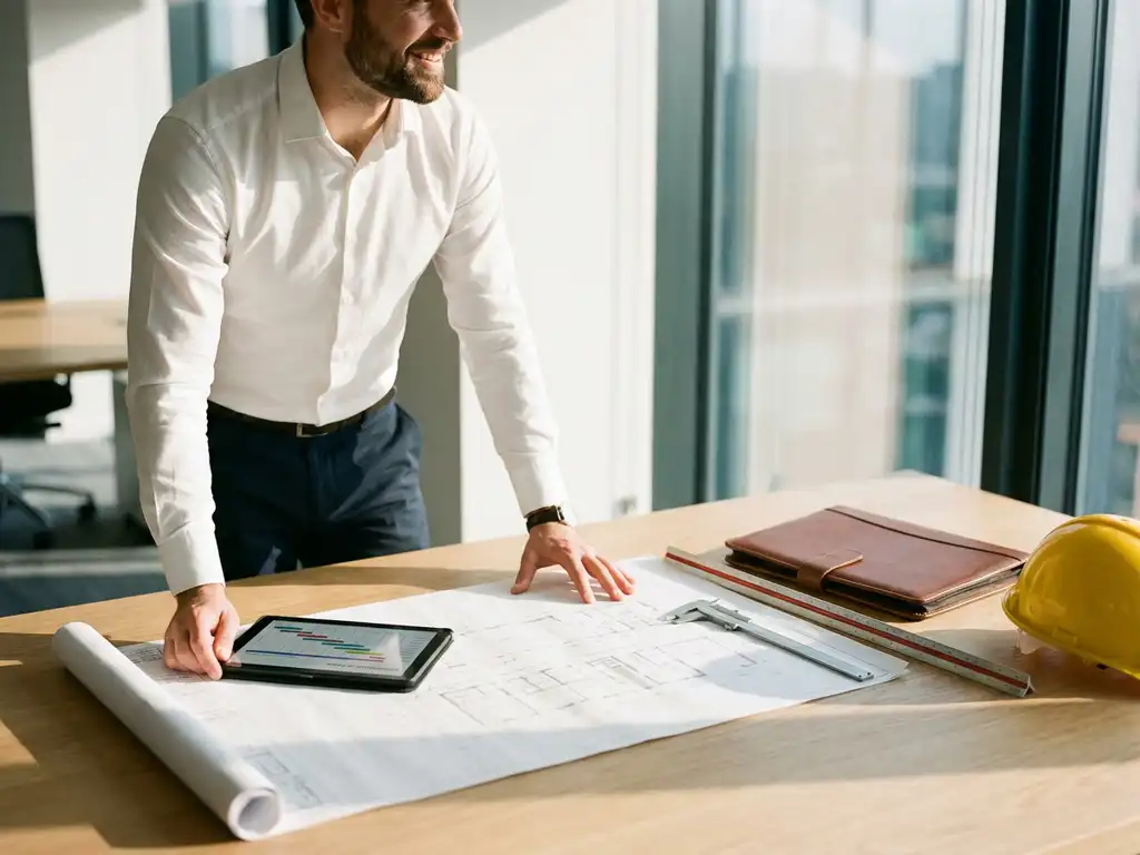Professionele man met tablet bij bureau met technische blauwdrukken, gereedschappen en bouwhelm in modern kantoor