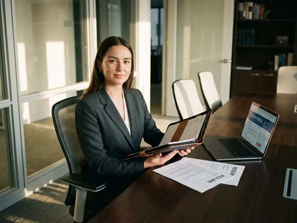 Jonge professional in pak zit zelfverzekerd aan vergadertafel met portfolio, laptop en cv-documenten in modern kantoor