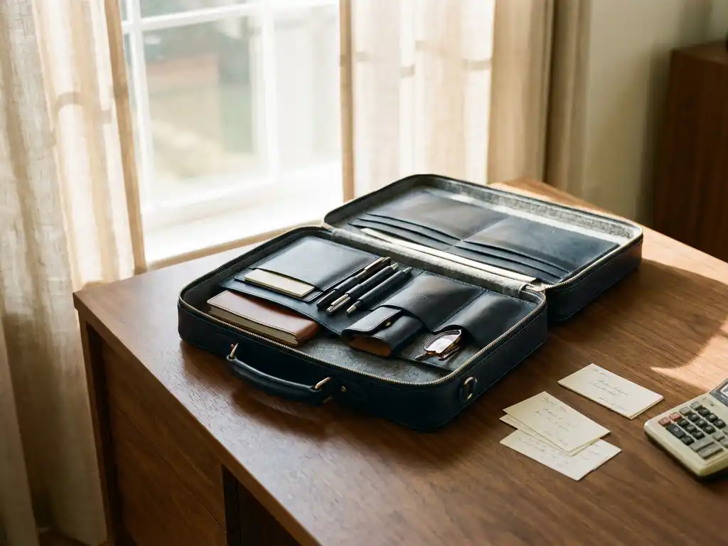 Open lederen aktetas op modern bureau met georganiseerde vakken, visitekaartjes en rekenmachine, warme natuurlijke belichting