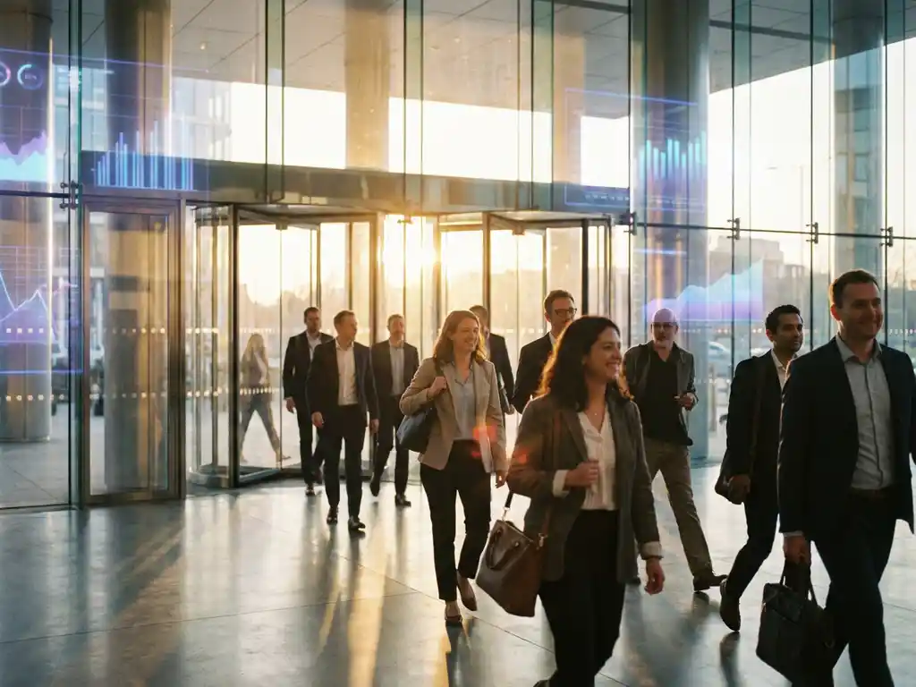 Diverse professionals entering modern glass office building with holographic data displays and golden sunlight