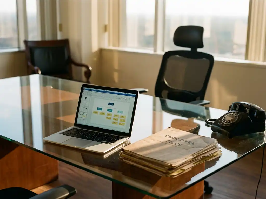 Moderne glazen vergadertafel met laptop, papieren personeelsdossiers en vintage telefoon in kantooromgeving