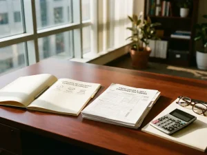 Houten bureau met pensioenplanningsdocumenten voor werknemers en freelancers, rekenmachine en leesbril in natuurlijk licht