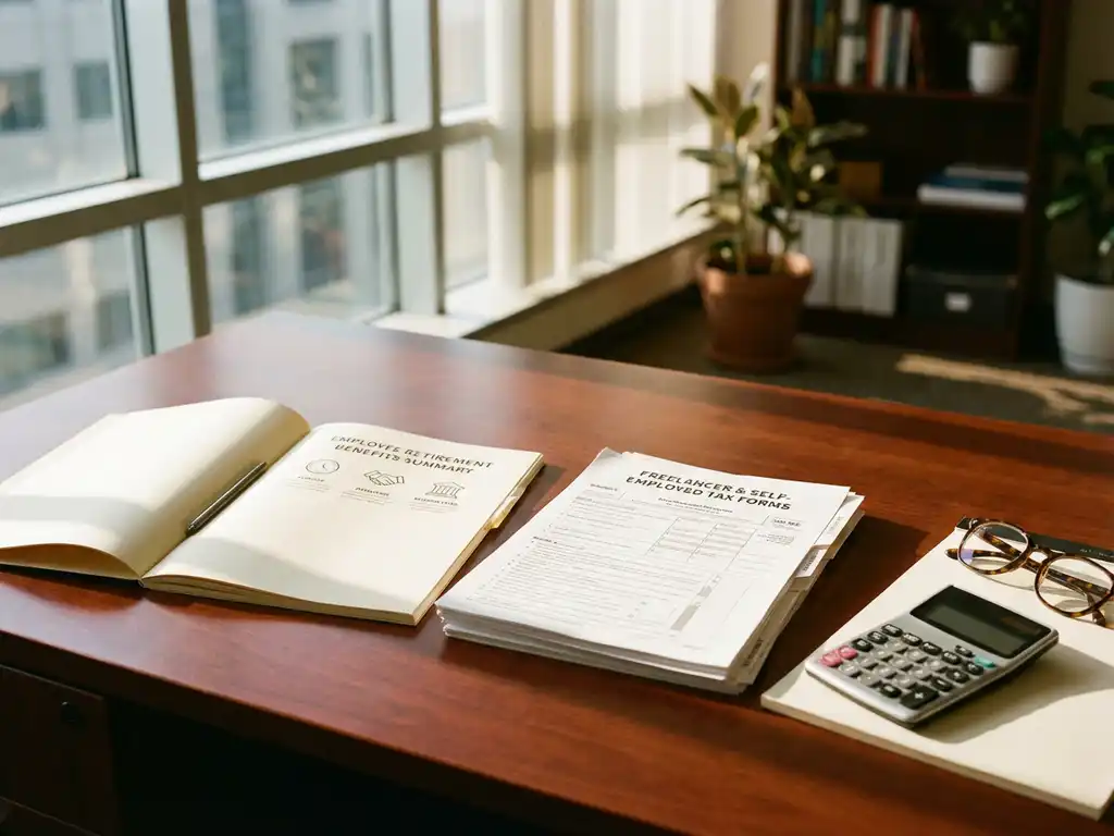 Houten bureau met pensioenplanningsdocumenten voor werknemers en freelancers, rekenmachine en leesbril in natuurlijk licht