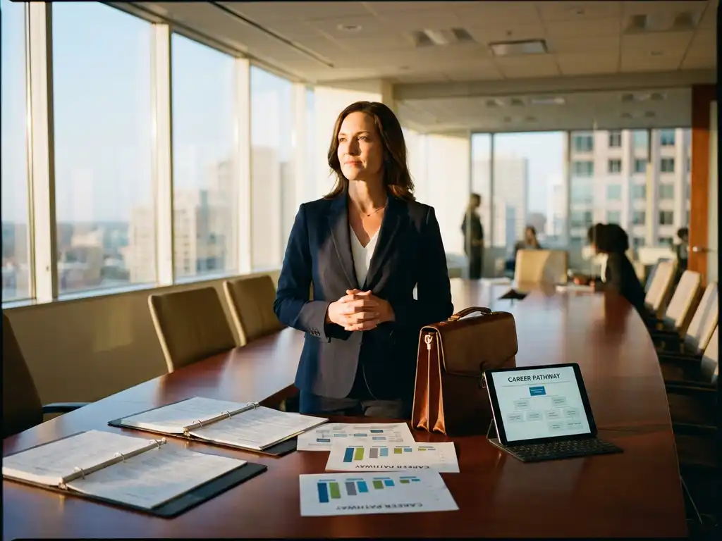 Professionele zakenvrouw in modern kantoor met carrièredocumenten en organisatieschema's op vergadertafel