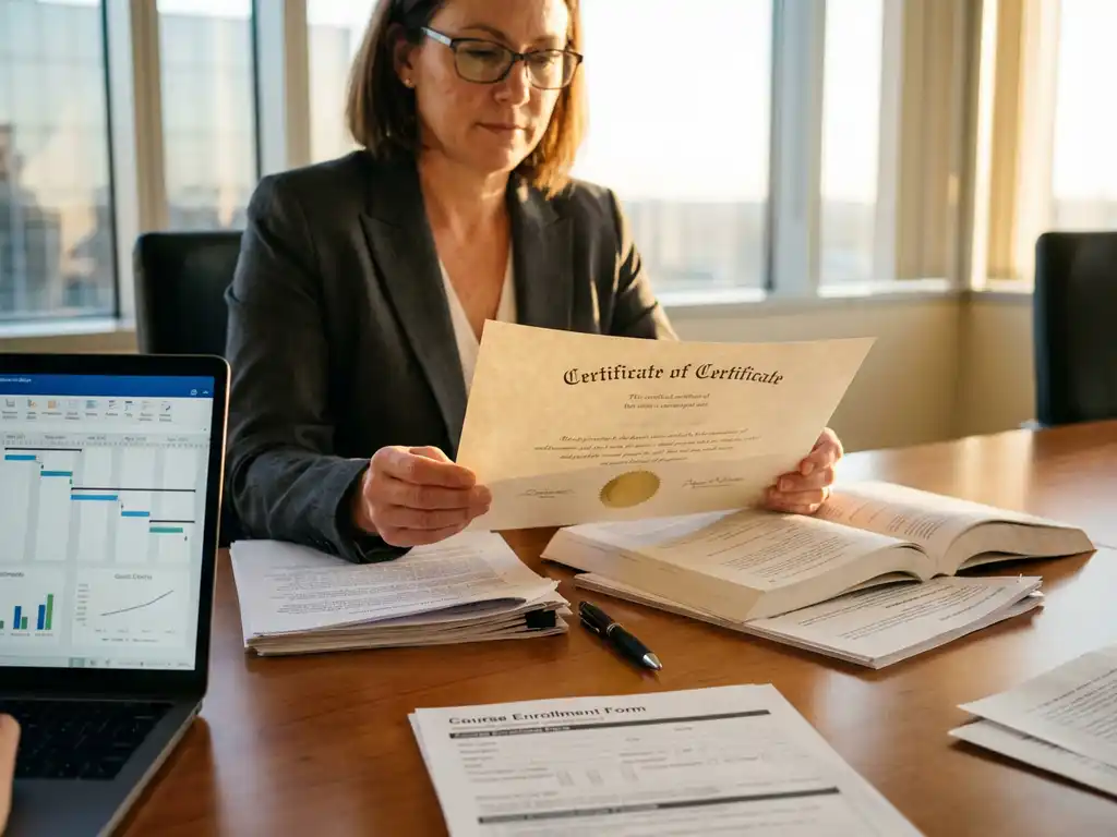 Professionele vrouw bekijkt diploma aan moderne vergadertafel met laptop, certificaten en studiemateriaal