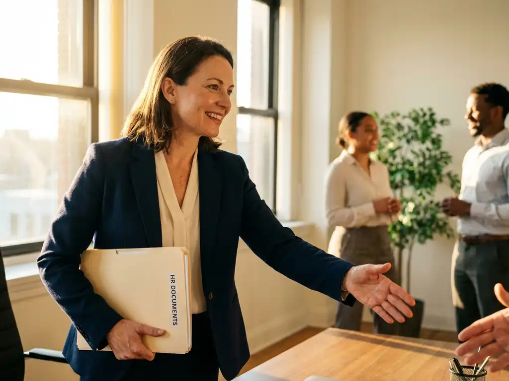 Professionele vrouw in pak steekt hand uit voor handdruk met HR-documenten in warme kantooromgeving