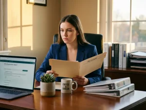 Professionele vrouw in marineblauw jasje bekijkt cv aan bureau met laptop die HR-cursus toont, plant en koffie erbij