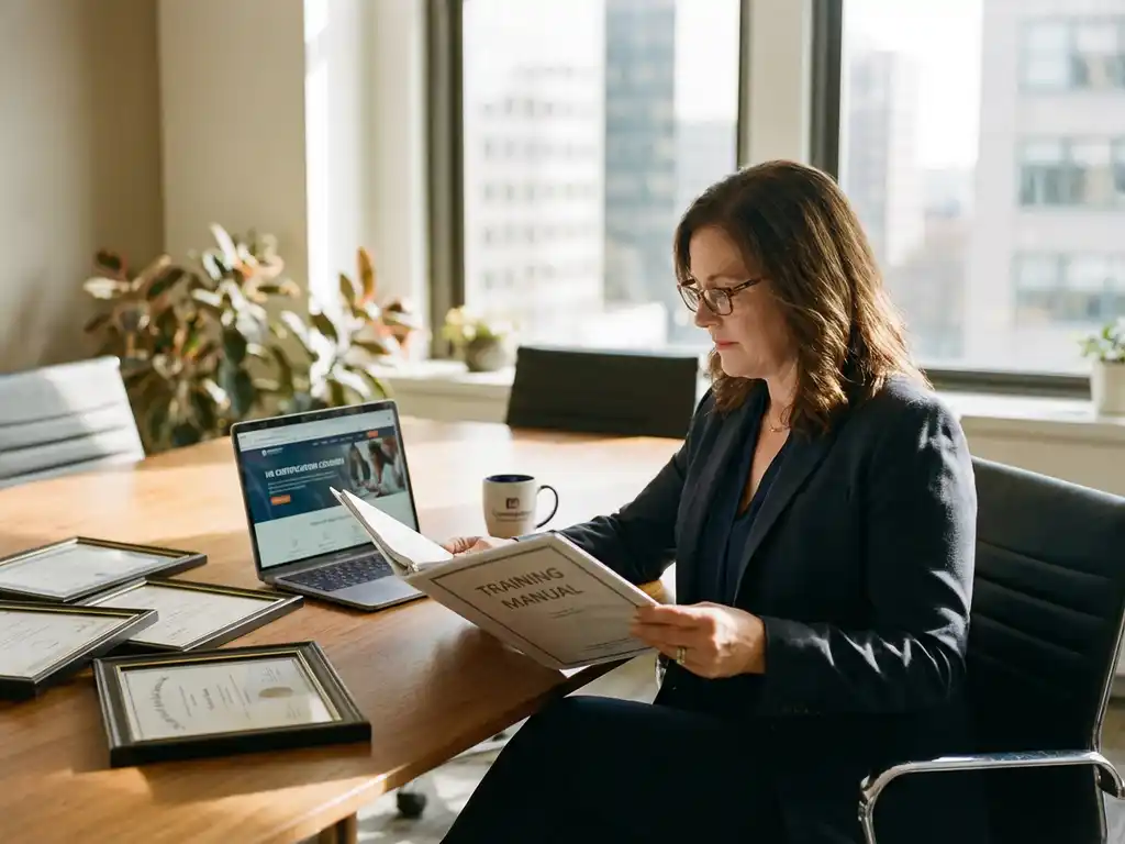 Professionele vrouw in pak bestudeert trainingshandleiding met HR-certificeringscursussen op laptop in modern kantoor