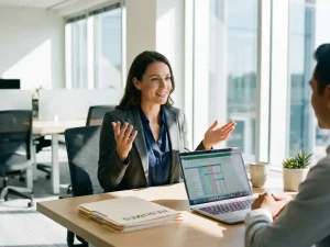 Professionele vrouw in blazer voert gesprek aan bureau met laptop, documenten en koffiemok in modern kantoor