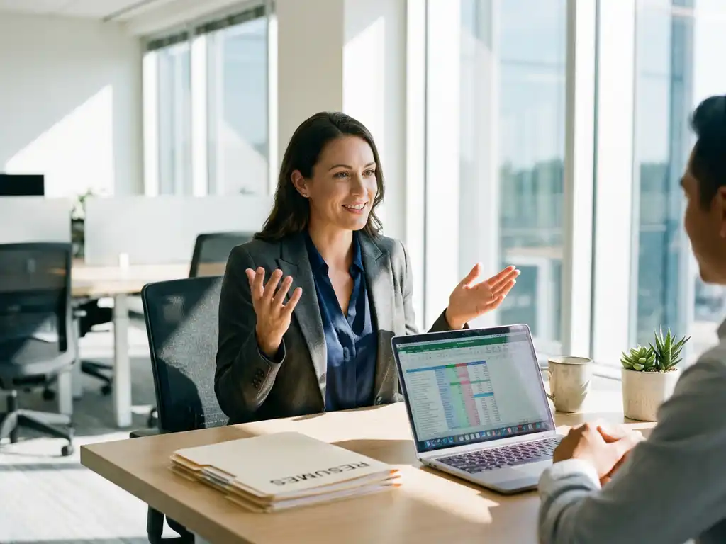 Professionele vrouw in blazer voert gesprek aan bureau met laptop, documenten en koffiemok in modern kantoor