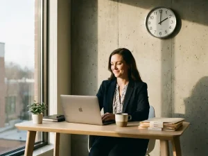 Professionele vrouw aan bureau met laptop, koffie en bestanden, ontspannen houding in modern kantoor met natuurlijk licht