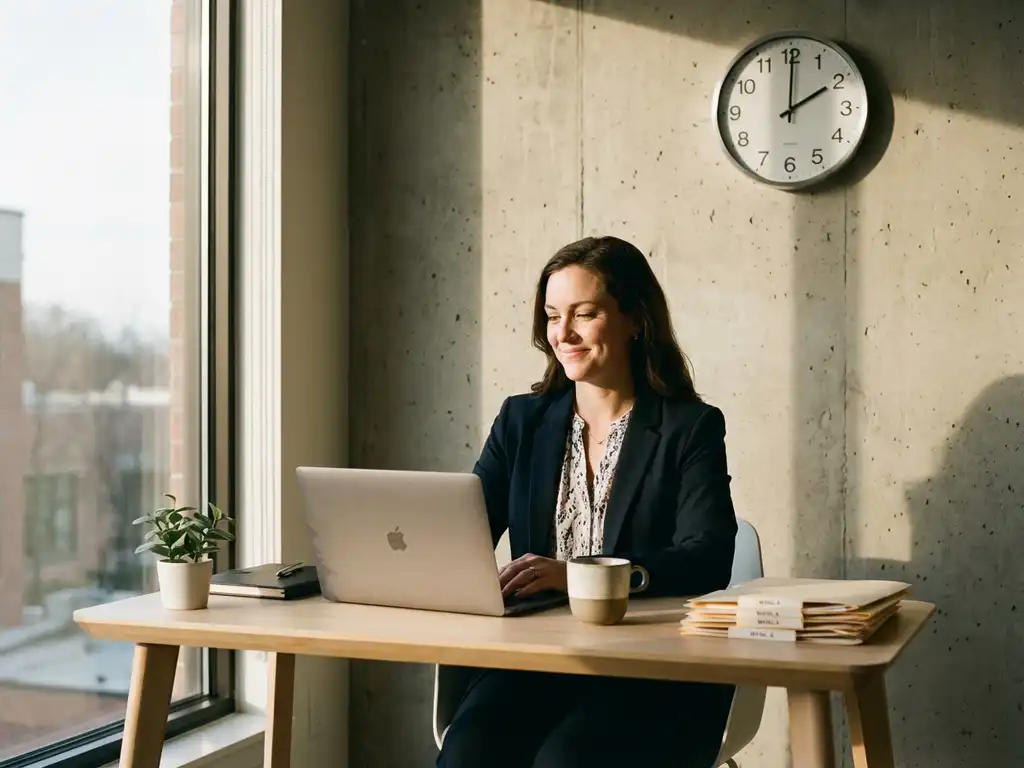 Professionele vrouw aan bureau met laptop, koffie en bestanden, ontspannen houding in modern kantoor met natuurlijk licht