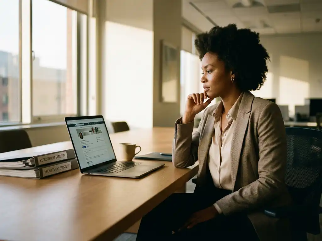 Professionele vrouw in pak bekijkt LinkedIn-profiel op laptop aan bureau met HR-documenten en koffie