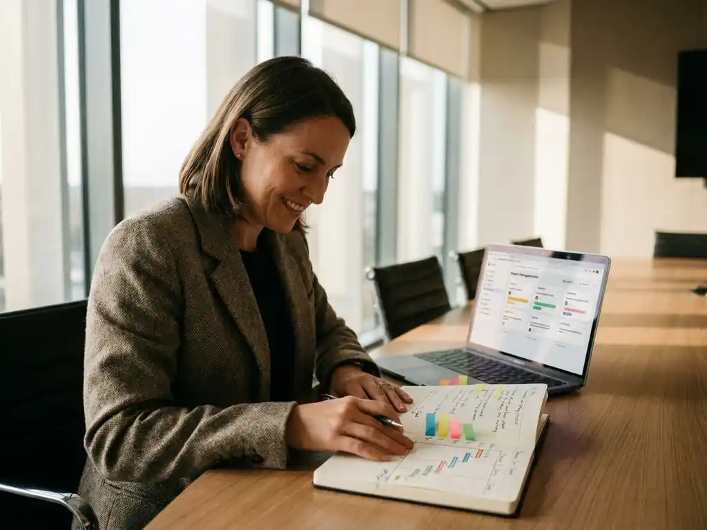 Professionele vrouw bekijkt projectplanning met kleurrijke notities aan moderne vergadertafel bij kantoorvenster