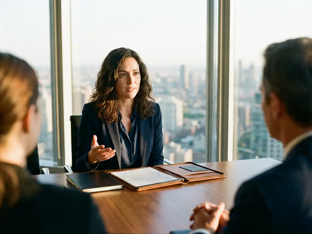 Zelfverzekerde professionele vrouw in marineblauw jasje tijdens sollicitatiegesprek in modern kantoor met stadsgezicht