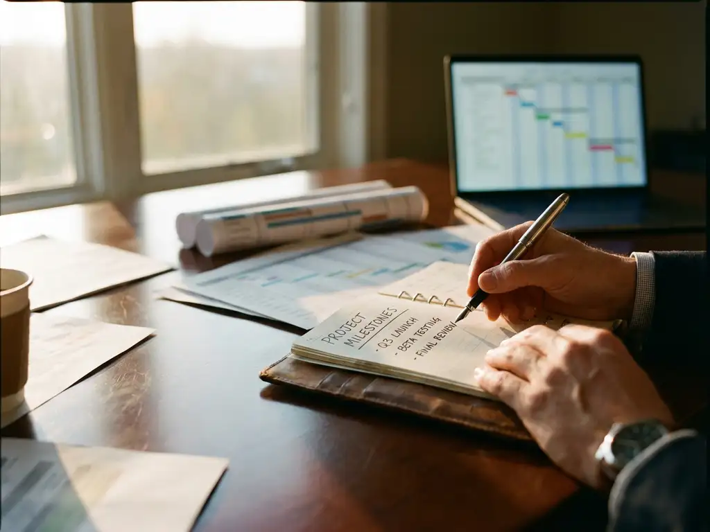 Professionele handen die projectmijlpalen schrijven in leren planner op houten bureau met laptop en documenten