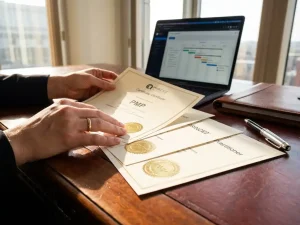 Professionele projectmanager bekijkt PMP en PRINCE2 certificaten op mahonie bureau met laptop op achtergrond