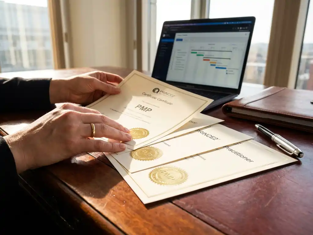 Professionele projectmanager bekijkt PMP en PRINCE2 certificaten op mahonie bureau met laptop op achtergrond