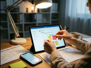 Projectmanager organiseert kleurrijke sticky notes op tablet met Gantt chart, omringd door planning tools op bureau