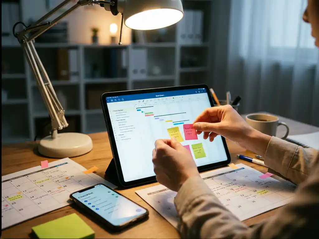 Projectmanager organiseert kleurrijke sticky notes op tablet met Gantt chart, omringd door planning tools op bureau