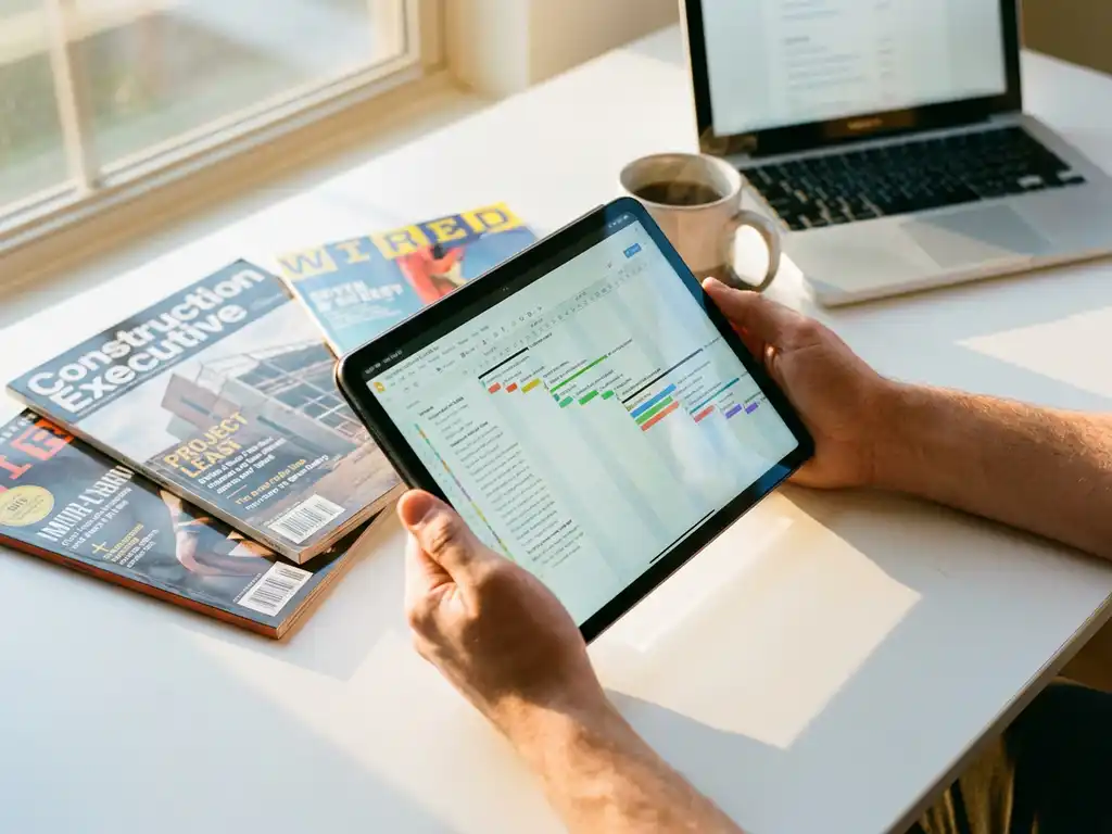 Professionele handen houden tablet met projectmanagement grafieken vast op bureau met laptop en koffie