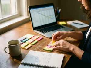 Professionele vrouwenhanden organiseren kleurrijke projectmanagementtools op houten bureau met laptop en notities