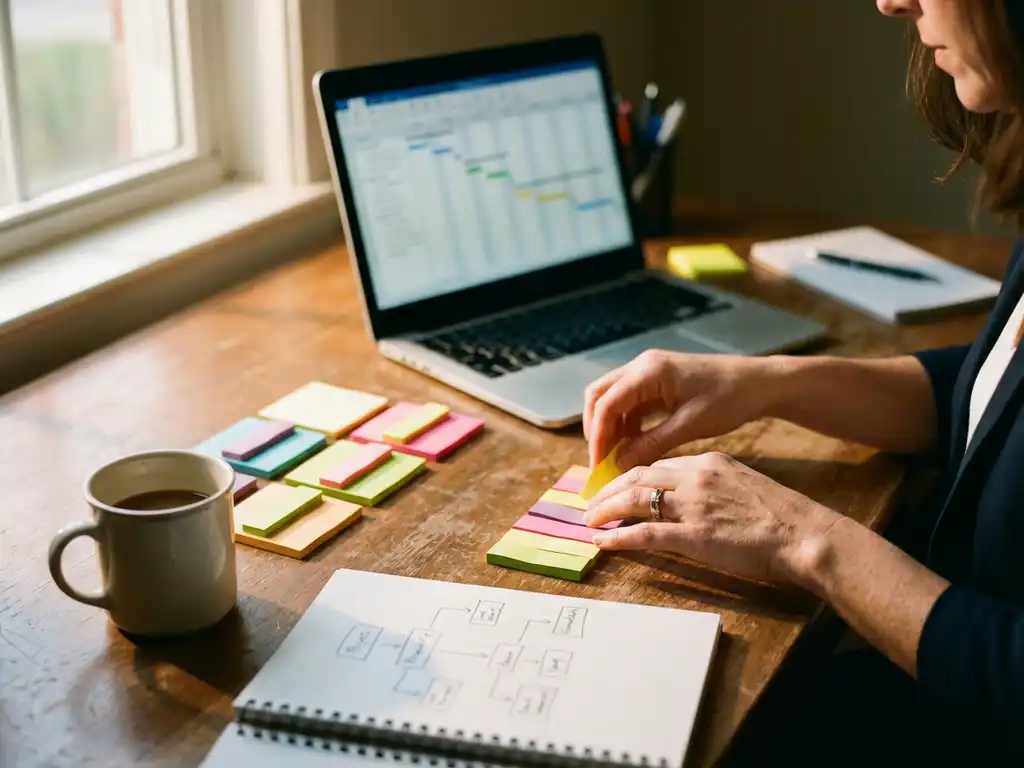 Professionele vrouwenhanden organiseren kleurrijke projectmanagementtools op houten bureau met laptop en notities