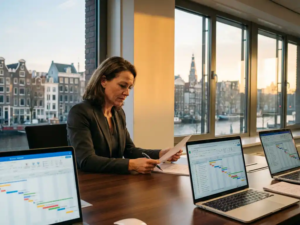 Projectmanager bestudeert Gantt-grafieken op laptops aan bureau met Amsterdam grachtenhuizen op achtergrond