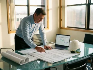 Projectmanager bestudeert bouwplannen aan glazen vergadertafel met laptop, helm en meetgereedschap in modern kantoor