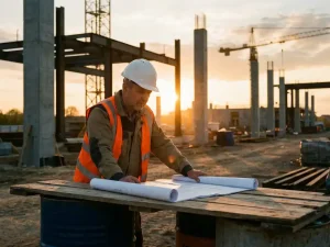 Projectmanager in witte helm en veiligheidsvest bekijkt bouwplannen op constructielocatie met kranen op achtergrond