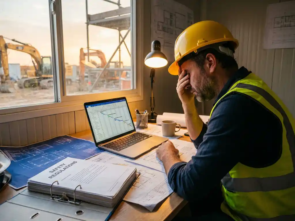 Gestresste projectmanager met helm aan bureau op bouwplaats, omringd door blauwdrukken en laptop met tijdlijnen