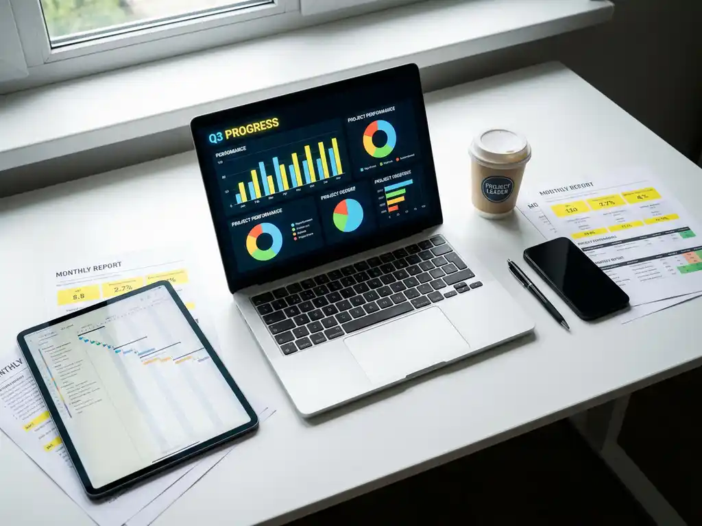 Bovenaanzicht van projectmanager bureau met laptop met grafieken, tablet, KPI-rapporten en koffiekop op wit bureau