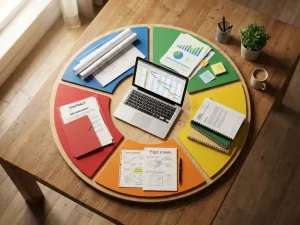 Bovenaanzicht van projectmanager bureau met houten workflow board, kleurgecodeerde mappen en laptop met Gantt chart