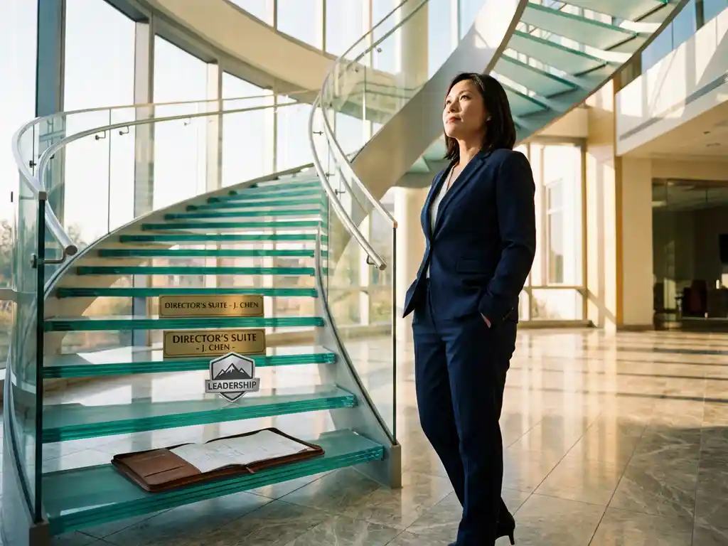 Zelfverzekerde projectmanager in pak bij glazen trap met carrièresymbolen, gouden zonlicht door ramen, opwaartse beweging