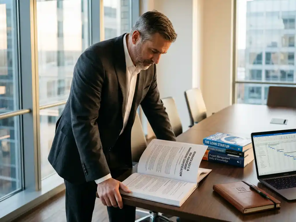 Projectmanager bestudeert certificatiehandboek aan vergadertafel met laptop en professionele ontwikkelingsboeken