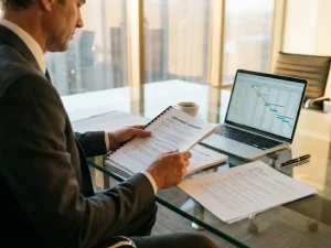 Projectmanager in pak bekijkt arbeidscontracten aan glazen bureau met laptop en documenten in modern kantoor