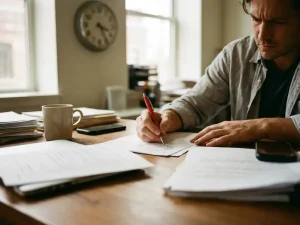 Gestresste projectmanager markeert herziene deadlines met rode pen op rommelig bureau vol documenten en tijdlijnen